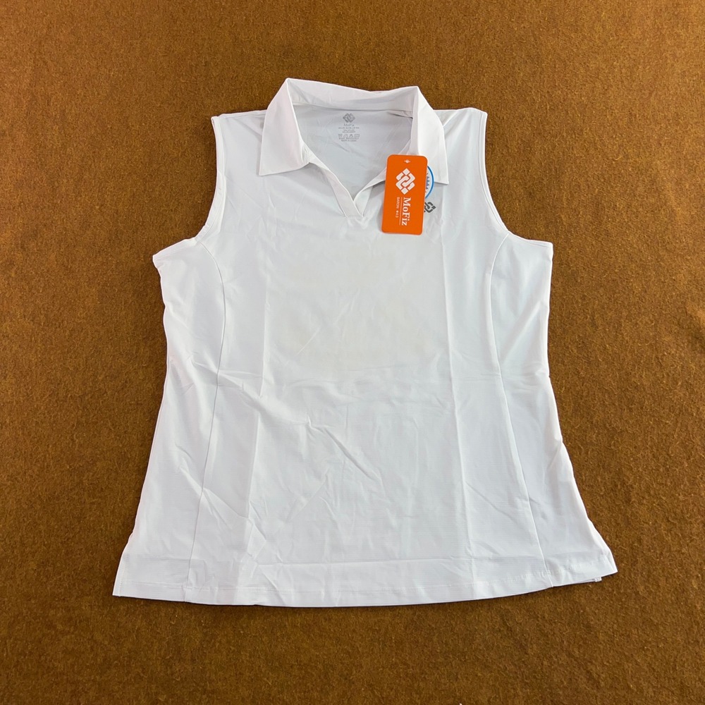 MoFiz Womens Large White Sleeveless Athletic Golf Polo Shirt NWT